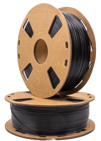 A pair of 1kg spools of black Carbon Fiber Nylon 66 (PA66-CF) 3D printing filament on cardboard spools.