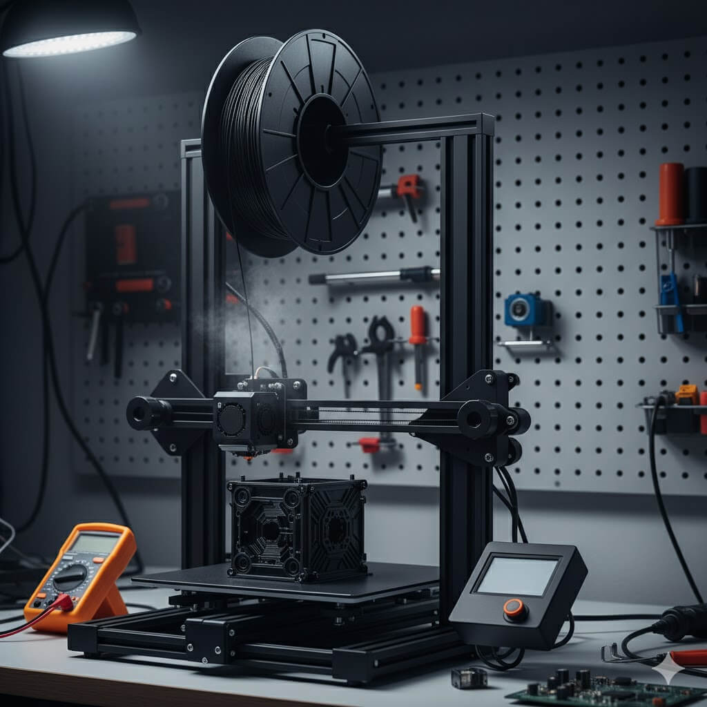 3D printer extruding black Conductive PLA filament for electronics projects