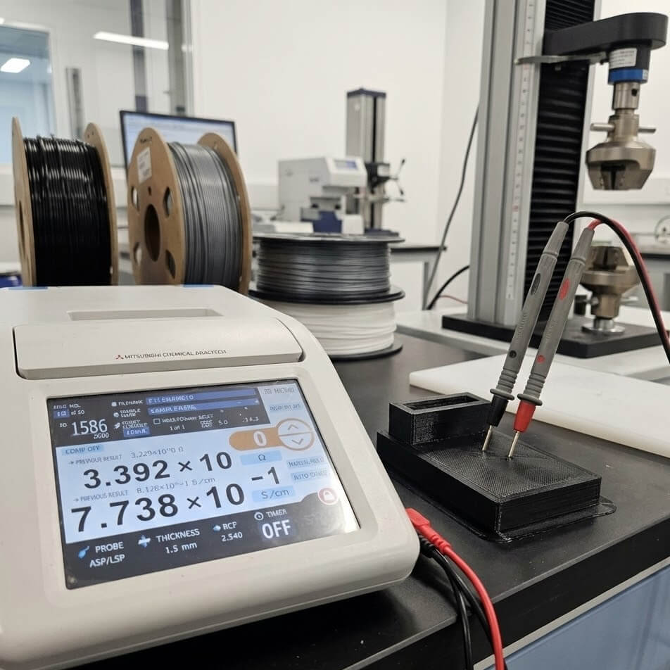 Mitsubishi resistivity meter measuring ABC3D conductive filament showing low resistance reading for EMI shielding applications.