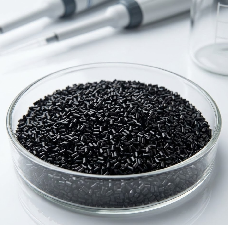 Macro shot of black conductive polymer pellets in a glass petri dish for filament manufacturing