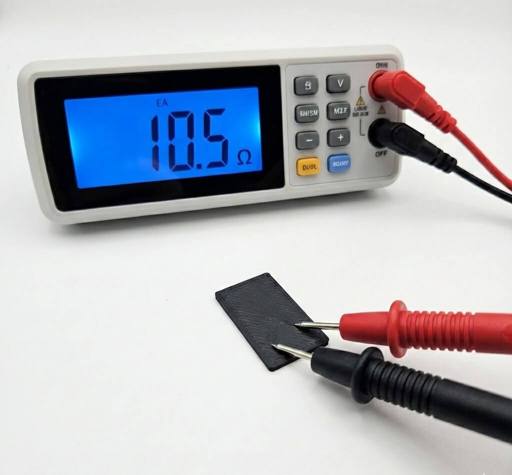 Digital multimeter measuring surface resistance of a black 3D printed ESD part