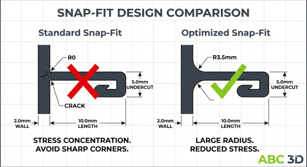 Technical diagram comparing standard sharp snap-fit vs optimized radius snap-fit for conductive 3D printed parts