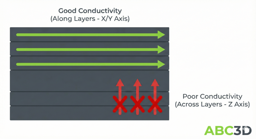 Technical diagram showing anisotropic conductivity in 3D printing with good horizontal flow along layers and poor vertical flow across layers