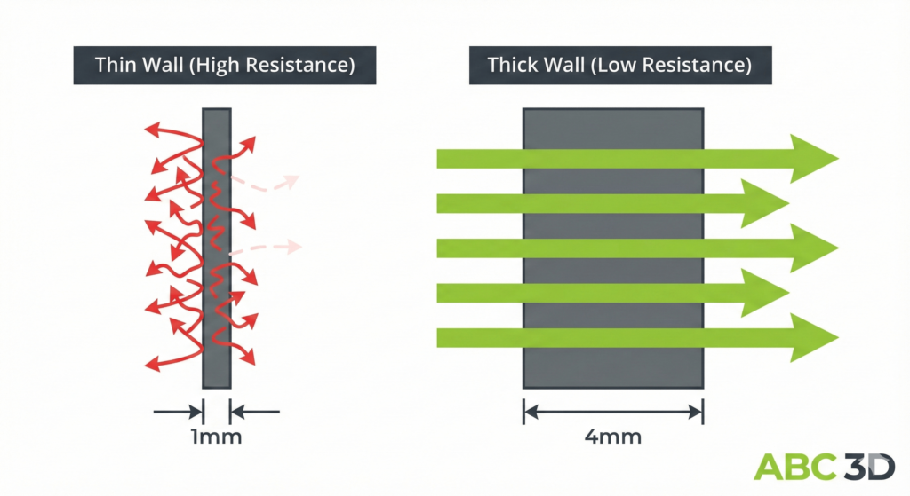 Technical diagram showing restricted electrical flow in thin conductive walls versus easy flow in thick conductive walls